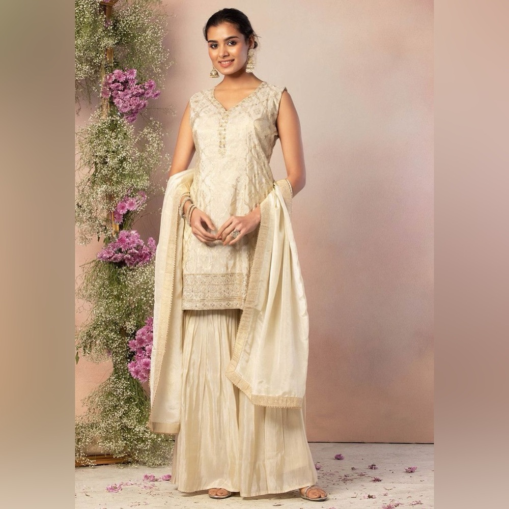 Off White Shimmer Sharara Set With Embroidered Brocade Kurta And Dupatta